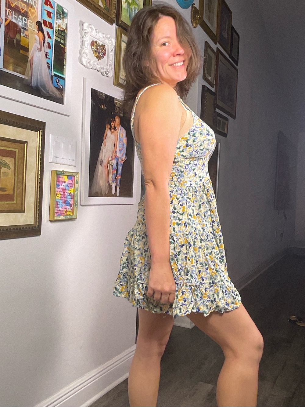 Angie boho floral tiered mini sundress size large rayon keyhole babydoll a-line - Picture 3 of 11